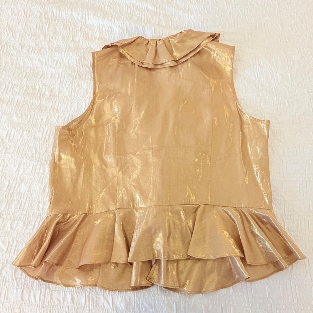 Lauren Ralph Lauren Gold Metallic Silk Blend Ruffle Peplum Blouse Top Size 16 - Picture 7 of 9